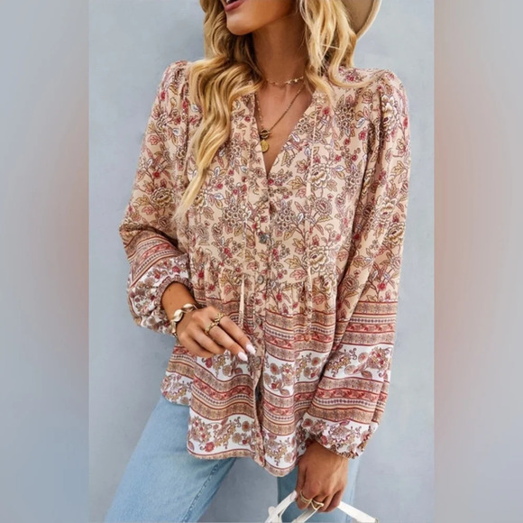 Tops - Floral V-Neck Long Sleeve Blouse Khaki Size M